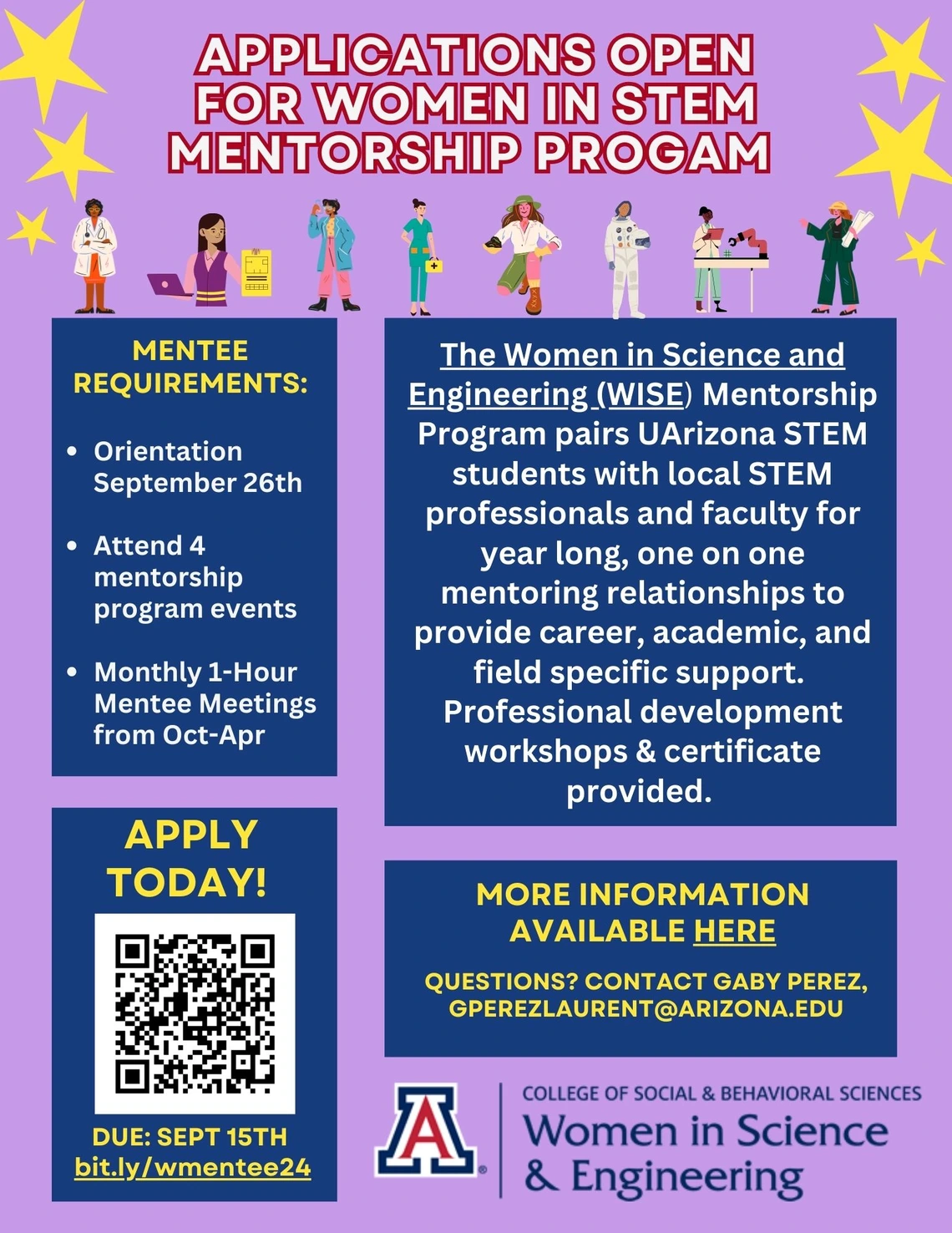 purple background flyer with stars in top corners and white text against navy blue boxes. Cartoon STEM professionals are pictured underneath title.